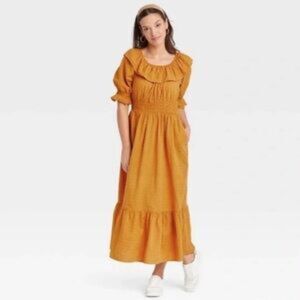 UNIVERSAL THREAD Mustard Yellow Ruffle Puff Sleeve Cottage Prairie Dress Medium